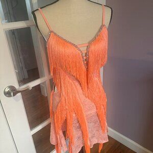 Peach Coral Fringe Lace Latin/Rhythm Dance Dress XS